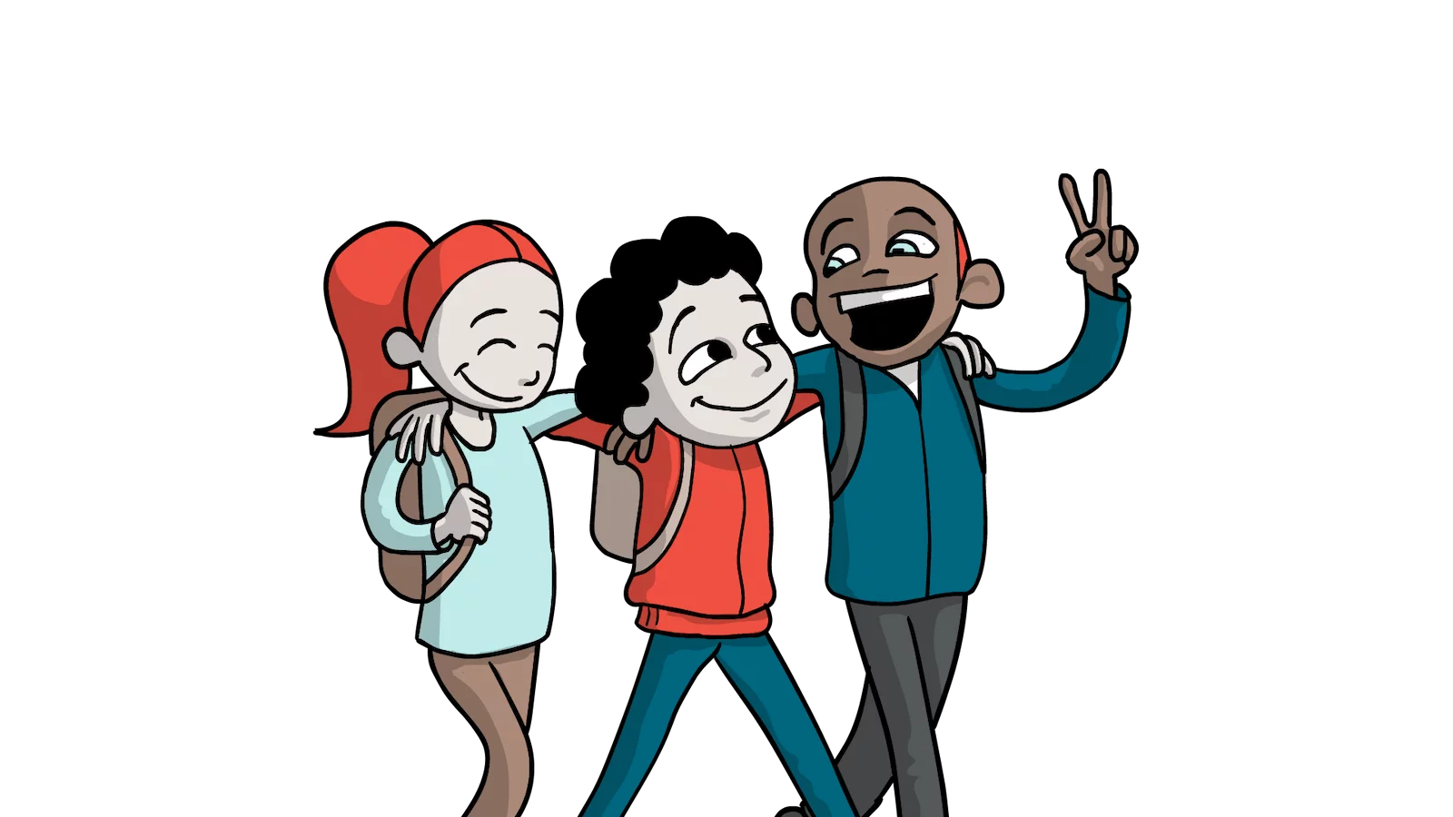 Tegning af tre børn der holder hinanden om skuldrene