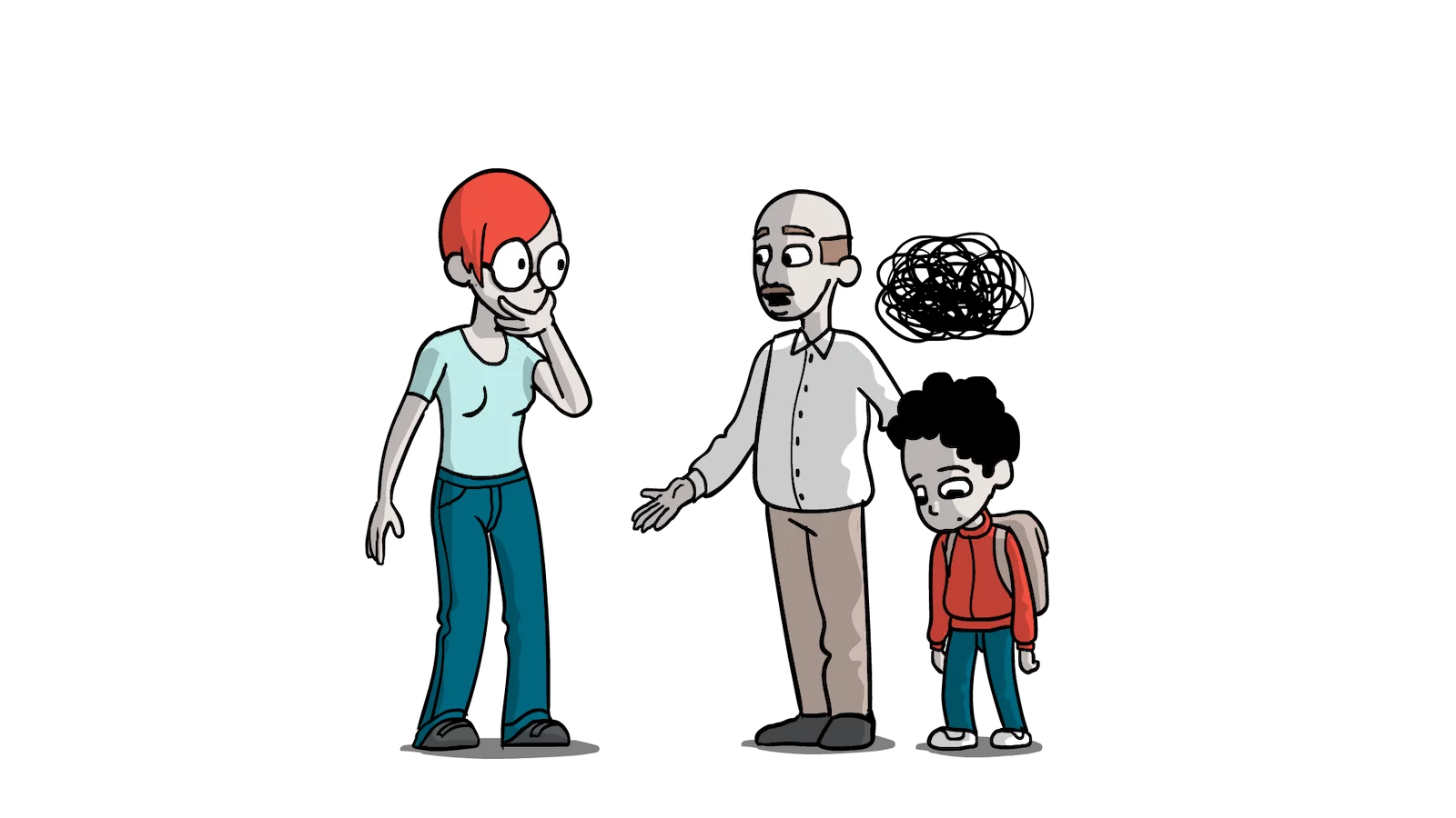 Tegning af to voksne og et barn